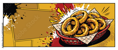 Delicious golden fried onion rings in a red basket with checkered paper.