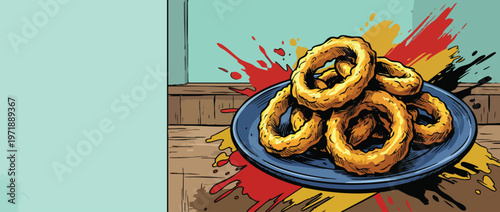 Delicious golden fried onion rings on a blue plate crispy snack food.
