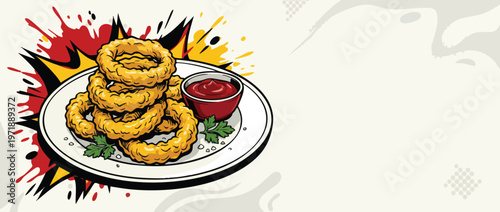 Delicious golden fried onion rings with dipping sauce on a plate.