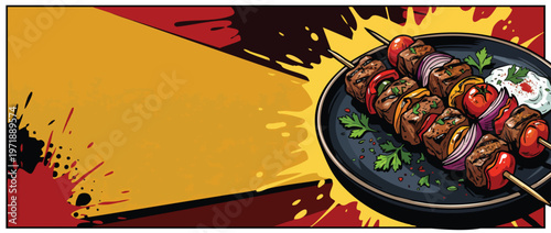 Delicious Grilled Meat and Vegetable Skewers with Sauce on a Plate.