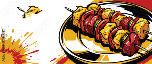 Delicious Grilled Meat and Vegetable Skewers on a Plate.