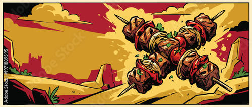 Delicious Grilled Meat Skewers with Vegetables Ready to Eat.