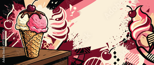 Delicious ice cream cone with two scoops and cherry topping 1.