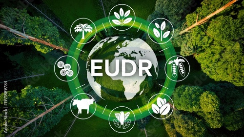 Detailed global Earth with EUDR text and agricultural product icons orbiting over a vibran