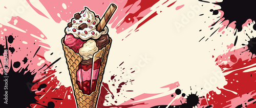 Delicious Ice Cream Sundae in Waffle Cone with Whipped Cream and Toppings.