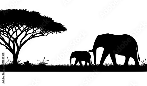 Elephant and calf silhouette walking in savanna landscape with acacia tree wildlife scene isolated on white background vector