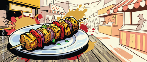 Delicious Paneer Tikka Skewer with Vegetables on a Plate.