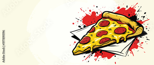 Delicious Pepperoni Pizza Slice with Melted Cheese and Sauce Splatters.