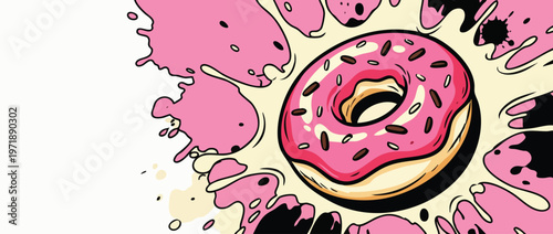 Delicious pink frosted donut with sprinkles sweet pastry dessert illustration.