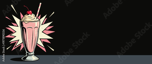 Delicious Pink Milkshake with Whipped Cream and Cherry on Top.