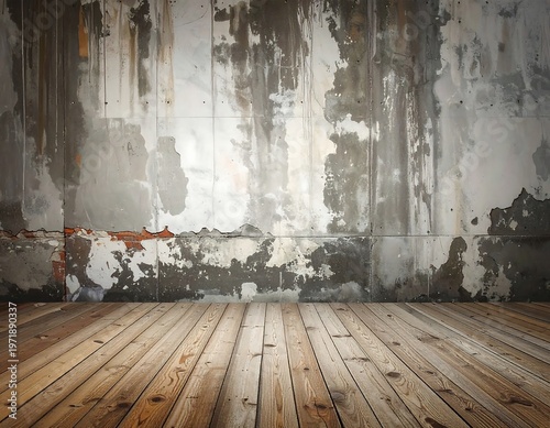 A dimly lit room with worn wooden floor and distressed walls