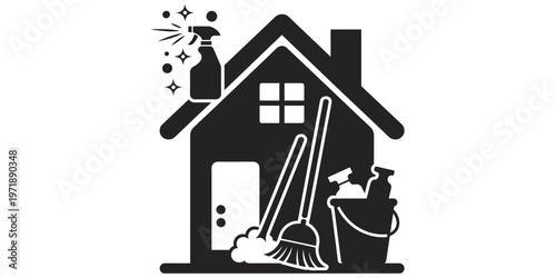 House cleaning supplies with mop broom bucket spray bottles, black and white flat vector illustration, home maintenance artwork, cleanliness hygiene design