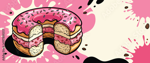 Delicious Pink Glazed Donut with Sprinkles and Cream Filling Illustration.