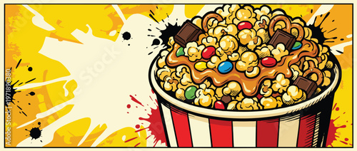 Delicious Popcorn Bucket with Candy and Caramel Topping.