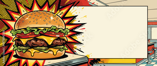 Delicious Pop Art Style Cheeseburger with Exploding Background.