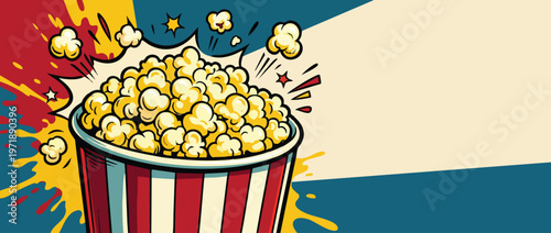 Delicious Popcorn in Striped Bucket for Movie Night Entertainment.