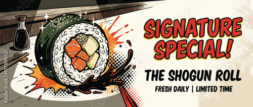 Delicious Shogun Roll Sushi with Fresh Ingredients and Soy Sauce.