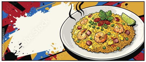 Delicious Shrimp Fried Rice with Peas Ham and Lime Garnish.