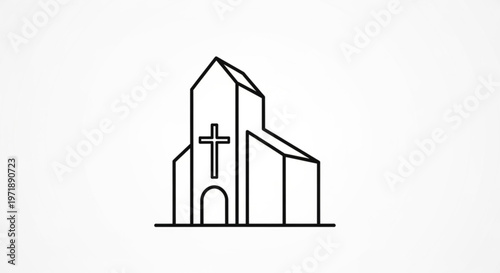 Simple line drawing of a church with a cross on the front facade and a doorway