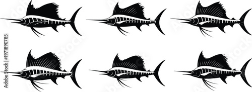 Set of Minimalist black sailfish swimming silhouette vector icon