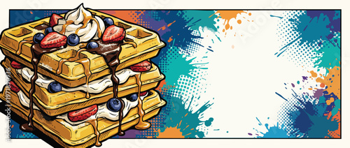 Delicious Stacked Waffles with Berries Cream and Syrup.