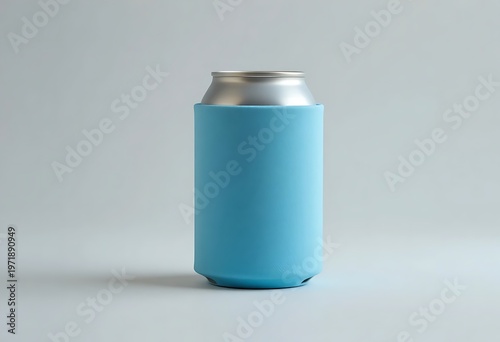Aluminum soda can in a light blue neoprene koozie sleeve isolated on a grey background. beer can koozie