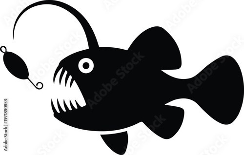 Minimalist black anglerfish with light lure silhouette vector icon