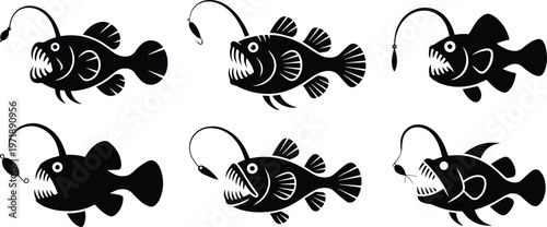 Set of Minimalist black anglerfish with light lure silhouette vector icon