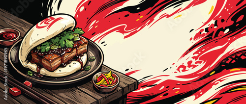 Delicious Steamed Bao Bun with Braised Pork Belly and Fresh Cilantro.