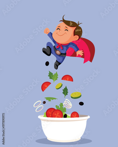 Superhero Kid Jumps Over a Healthy Salad Vector Illustration. Courageous young child eating healthy feels like having super powers