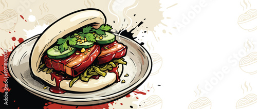 Delicious Steamed Bao Bun with Pork Belly and Fresh Vegetables.