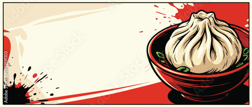 Delicious Steamed Dumpling in a Red Bowl Asian Cuisine Illustration.