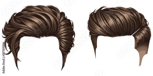 Male hairstyles illustration with wavy tousled hair, swept back polished style, textured brown shading, modern grooming design, flat vector illustration