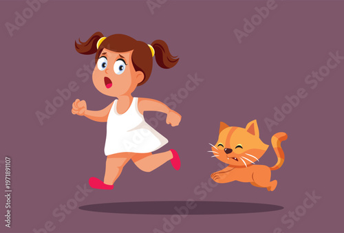 Scared Little Girl Running Away from a Cat Vector Cartoon. Anxious child suffer from a type of zoophobia or is allergic to cats and runs from them