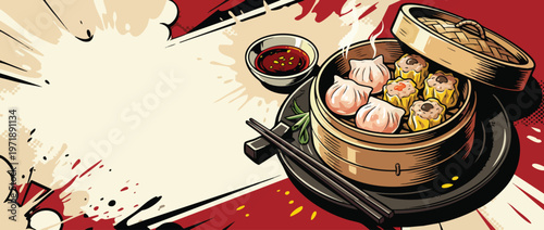 Delicious Steamed Dumplings and Shumai in Bamboo Steamer with Sauce and Chopsticks.