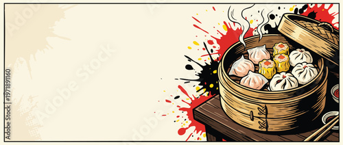 Delicious Steaming Dim Sum in Traditional Bamboo Basket.