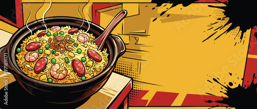 Delicious Steaming Paella Dish with Sausage and Peas in a Pot.