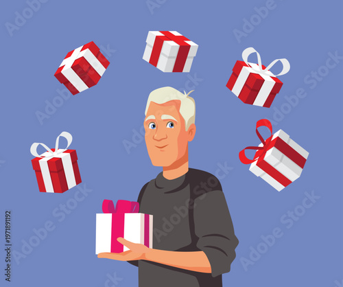 Gentleman Holding a Gift Box Surrounded By Presents Vector Illustration. Person texting message networking online on her mobile phone