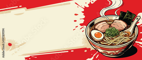 Delicious steaming ramen bowl with noodles pork egg and seaweed 1.