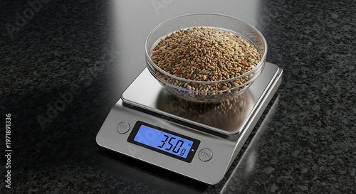 Close-up of a digital scale with a bowl of grains, measuring weight accurately.