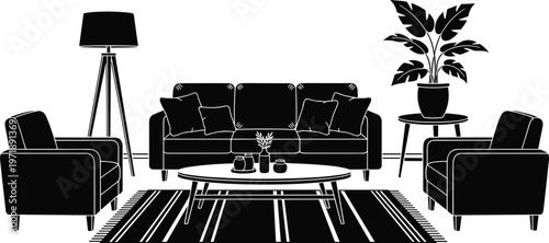 Modern living room illustration, contemporary furniture layout, sofa and armchairs, coffee table decor, interior design artwork, black and white vector