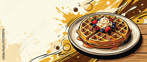 Delicious Waffle with Berries and Whipped Cream on a Plate.