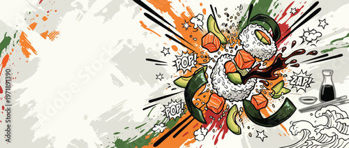 Dynamic Sushi Roll Illustration with Exploding Ingredients and Soy Sauce.