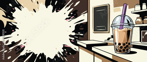 Refreshing Bubble Tea Drink with Tapioca Pearls and Straw.