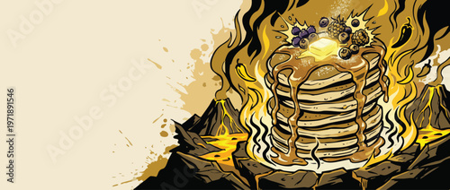 Stack of Pancakes with Syrup and Berries on Fire.