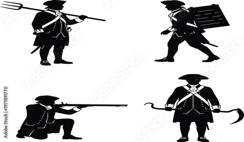 Silhouettes of colonial soldiers and militia men holding a rifle pitchfork and tools cad drawing flat vector illustration