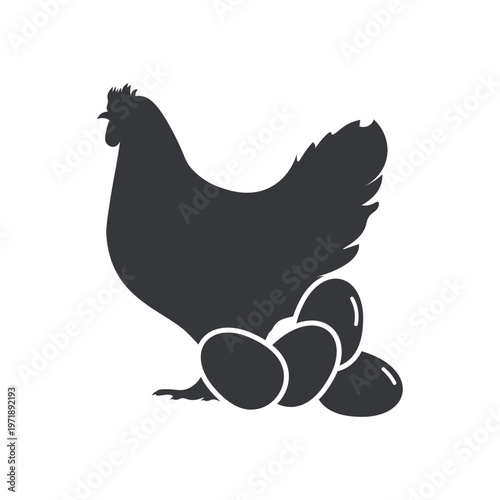 Isolated monochrome pictogram of hen with egg representing poultry product, protein source, farming, agriculture, and food nutrition concept
