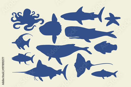 Ocean Animal Octopus, Whale, Shark, Silhouette Vector set collection illustration