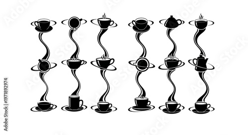 Creative coffee cup designs with swirling steam patterns and unique abstract shapes artistic beverage illustrations