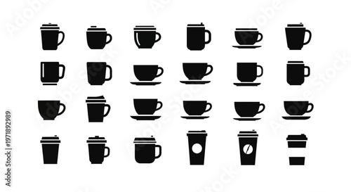 Comprehensive collection of coffee cup and mug silhouettes set featuring diverse shapes and styles for cafe menu branding and beverage industry icon designs